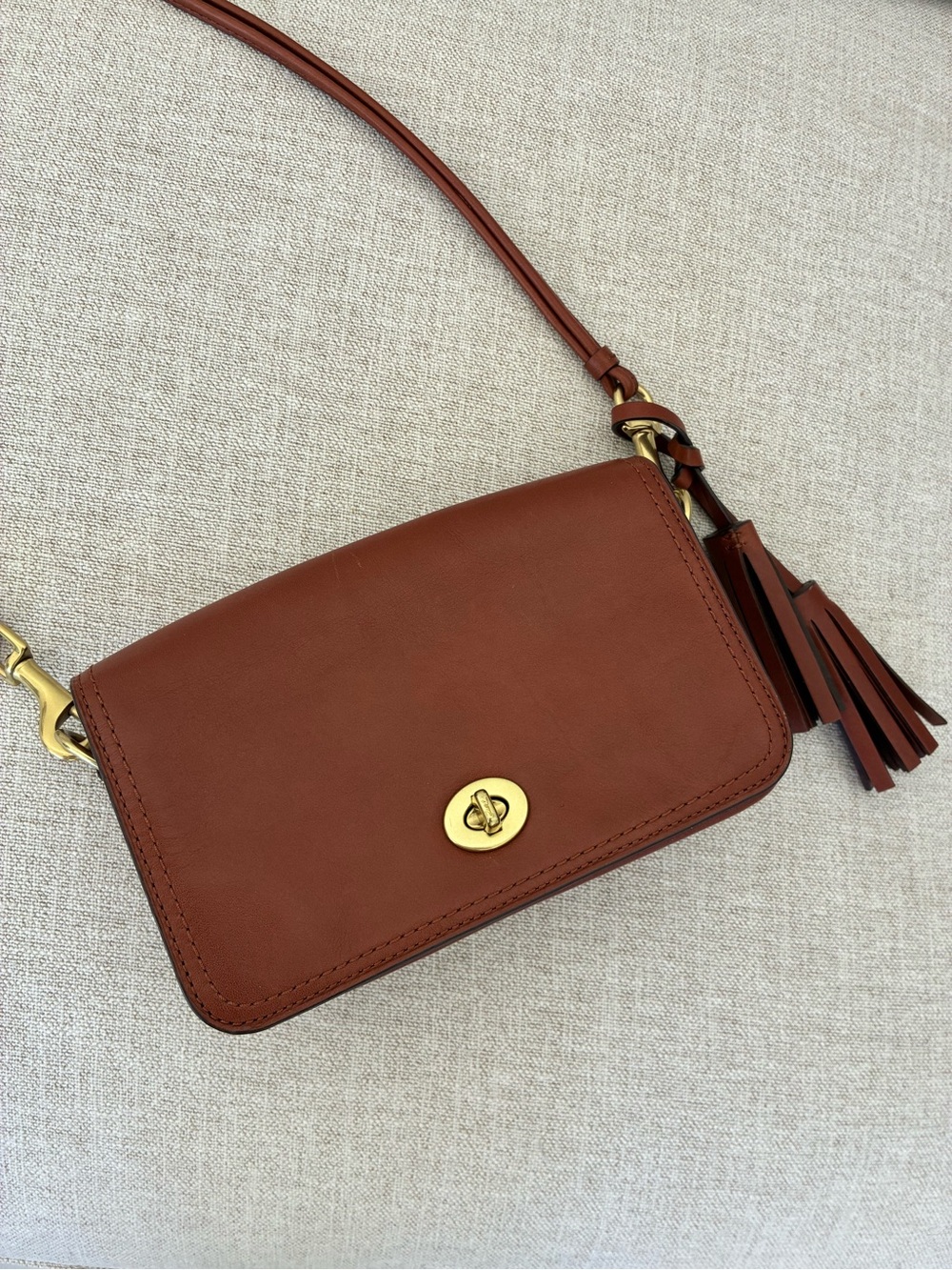 Coach Brown Tan Leather Crossbody with Tassel and Gold Turn-Lock